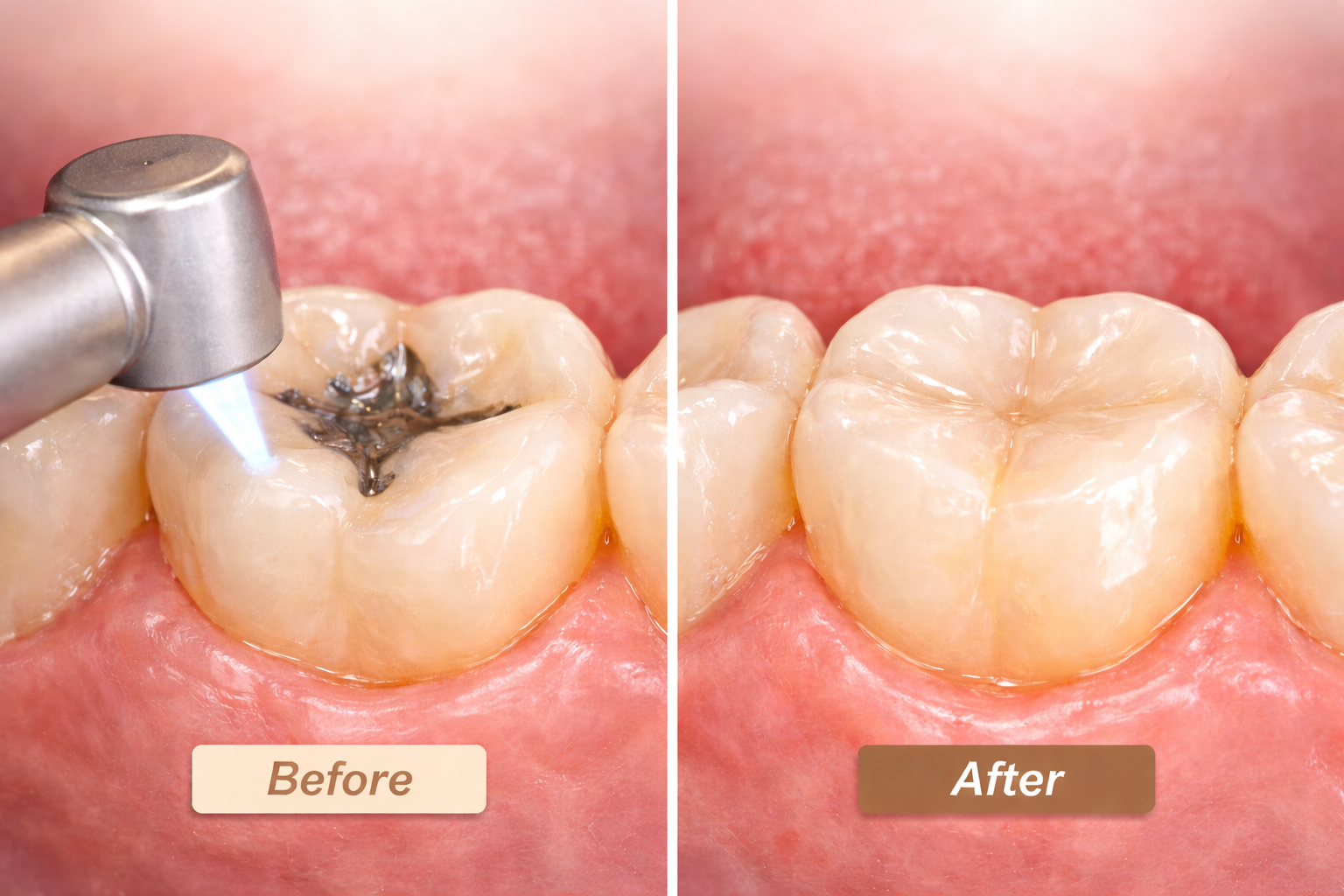 Tooth-colored composite filling being placed by a dentist