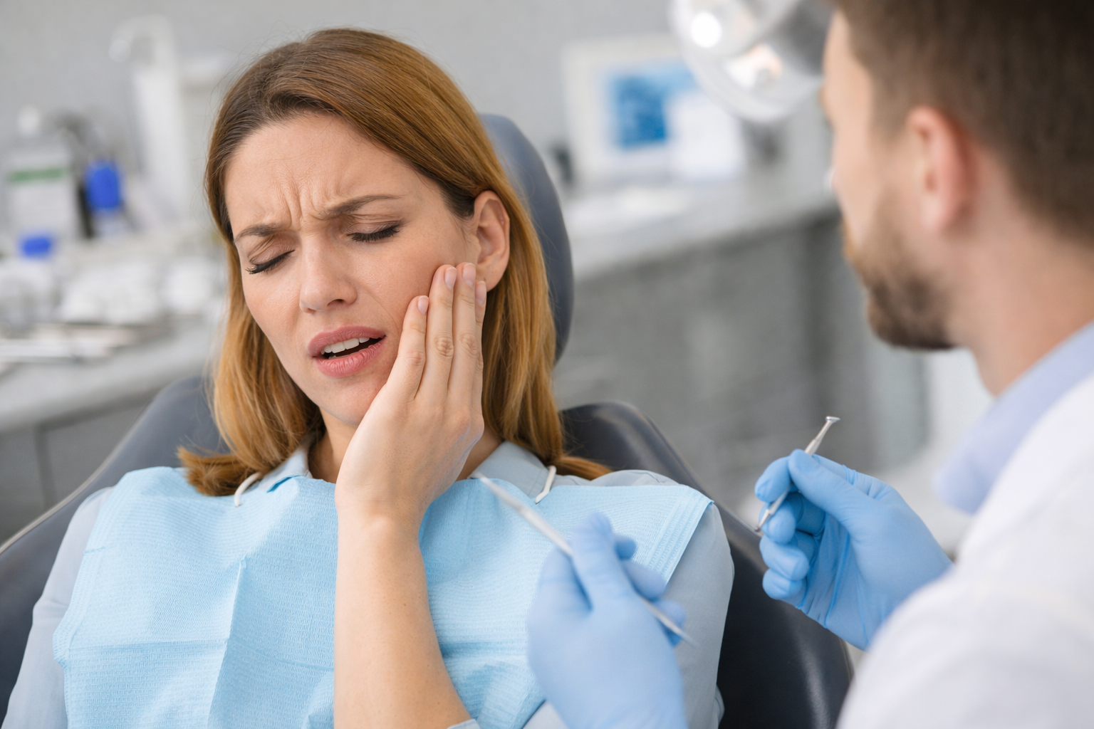 Dentist treating a dental emergency patient with same day care
