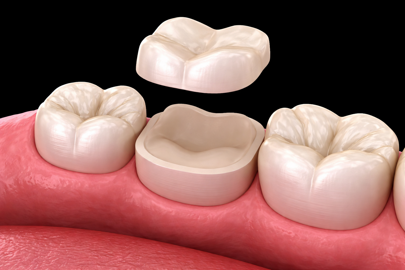 Dental onlay restoration covering the top surface of a tooth