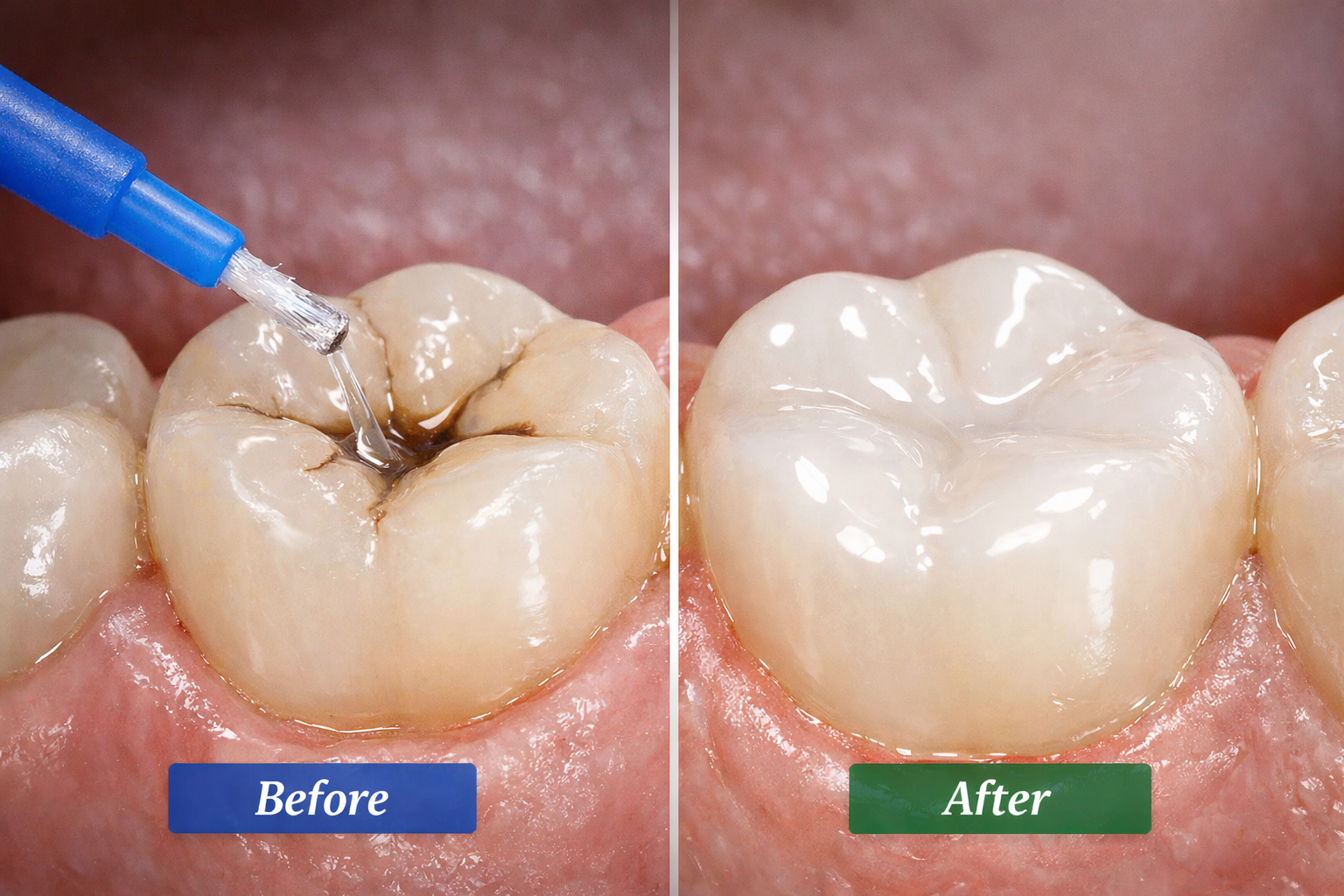 Dentist applying pit and fissure sealants to a patient's teeth