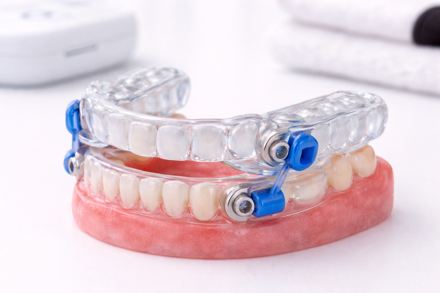 Oral sleep apnea appliance worn to keep the airway open during sleep